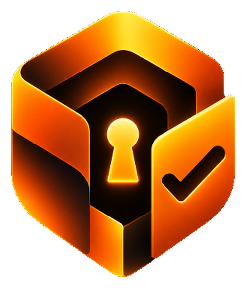 Permit, a glowing orange emblem with a lit keyhole and a check mark