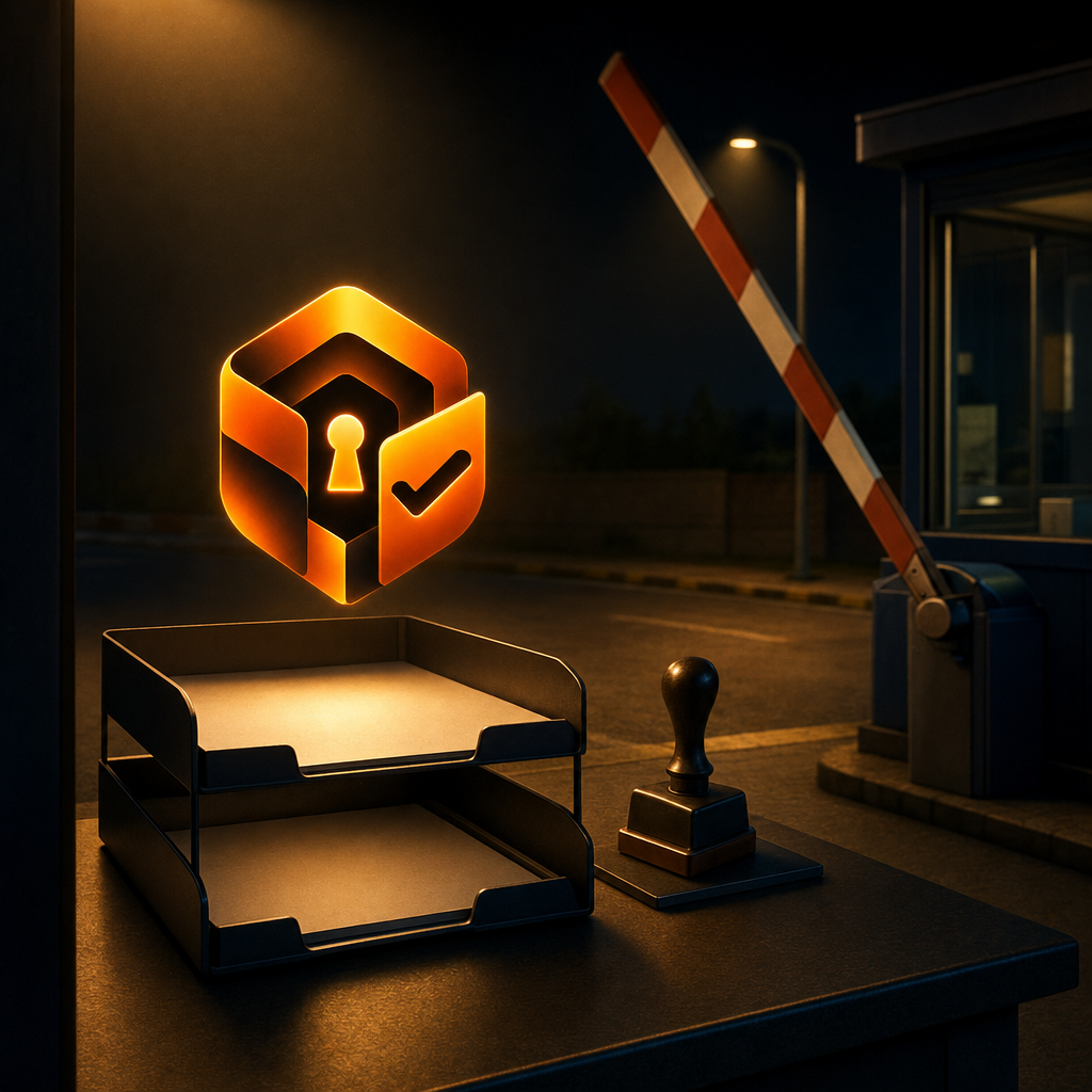 Permit glowing above a night desk with paper trays and a stamp beside a raised barrier